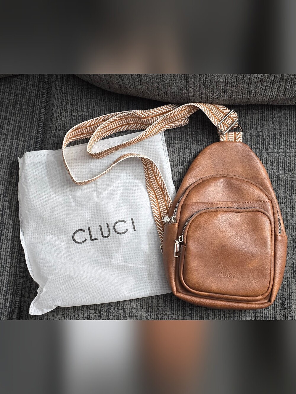 CLUCI Brown Faux Leather Sling Bag with Strap